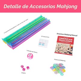 Set de Mahjong Americano GUSTARIA, 166 Azulejos Rosados (3 cm), 4 Estanterías/Empujadores de Color Todo en Uno y Bolsa con Cordón, Set Completo de Mah