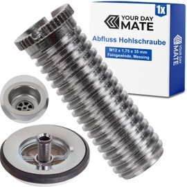 Hollow Screw for Strainer Basket Valves, M12 x 1.75 x 35 mm, 1 Piece, Made of Brass, with Fine Thread, for Sink Valve Drains with 1.5 to 3.5 Inches, Drain Valve Screw Sink, Drain Set Accessories