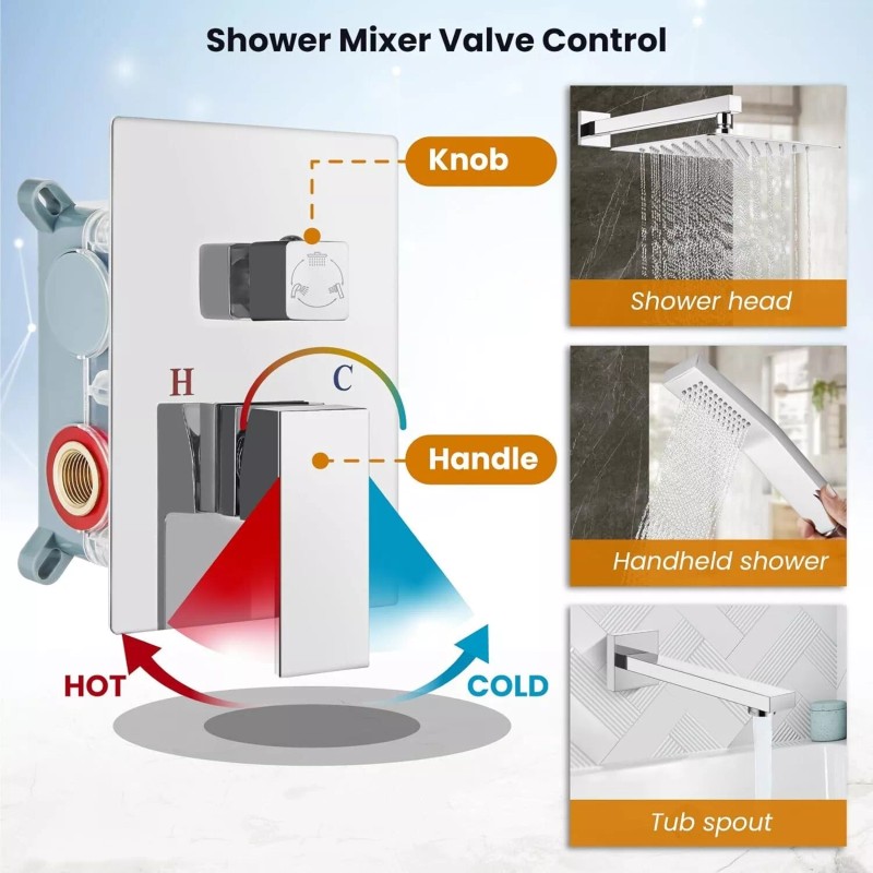 Senlesen Chrome Shower Faucet Set 12" Rainfall Head Combo Kit