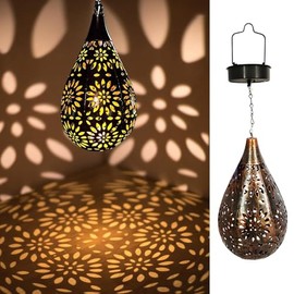 OMRAYTU Hanging Solar Lanterns Outdoor,Black Moroccan Style Garden Party Decorative Rechargeable Lantern, Hurricane Lamps are Great for Front Porch, Patio and Yard(1 Pack Copper )