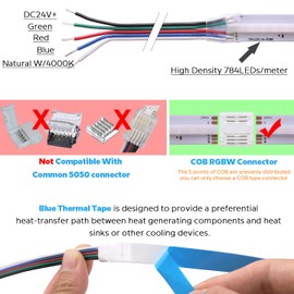 SuperlightingLED RGBW COB LED Strip 24V RGB+4000K Natural White Dimmable 3920LEDs 16.4FT/5M Super Bright Spotless Color Changing LED Strip Light for DIY Bedroom Kitchen Cabinet