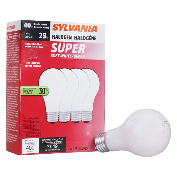 SYLVANIA Home Lighting 52190 Tungsten Halogen Bulb, A19-40W-2700K, Soft White Finish, Medium Base, Pack of 4