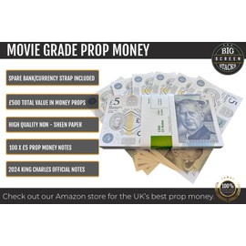 BIG SCREEN STACKS | Prop Money for Films and TV - 100 Notes of New King Charles £5 | Fake Money for Content Creation | Realistic UK Money £500 | Fake Pounds for Movies, Photography, and Display Props
