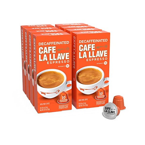 Café La Llave Decaf Espresso Aluminum Capsules, Intensity 11, Dark