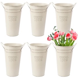 IHDYPPEW 6 Packs 10 Inch Galvanized Metal Flower Vases with Handles, Rustic French Metal Flower Buckets for Cut Flowers, Country Wedding, Table Centerpiece Decorations(Milky White)