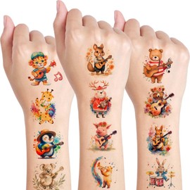 Qpout 10 Sheets Animal Music Temporary Tattoos for Kids Birthday Party Supplies, Animal Music Themed Stickers Cartoon Decorations Gifts for Boys Girls
