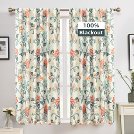 DriftAway Ada Floral Botanical Print Flower Leaf Lined Thermal Insulated Room Darkening Blackout Window Curtains 2 Layers Set of 2 Panels Each 52 Inch by 96 Inch Orange Teal Beige Linen