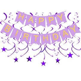 BEISHIDA Purple HAPPY BIRTHDAY Banner with 12pcs Purple Stars Hanging Swirls Garland Purple Birthday Party Decorations Sets for Birthday Party Supplies, Kids Girls Birthday Decorations
