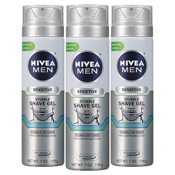 Nivea Men Sensitive Skin & Stubble Shave Gel - Pack Of 3 With Beard Softener for Men - 7 Oz. Can, 21 Ounce
