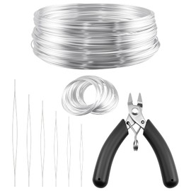 MARRTEUM 100 Loops Silver Memory Beading Wire with Cutter Tool and 6 Size Beading Needles for Jewelry Making, DIY Bracelet Necklace Ring Earring Craft, Solve Bead Stringing and Cutting Problem