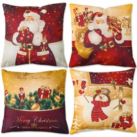 Christmas Cushion Covers Set of 4,Red Gold Christmas Pillow Cases 18x18 Inch,Santa Snowman Pillow Covers,Christmas Linen Throw Pillow Cases for Christmas Decorations Winter Home Sofa Xmas Decorations