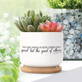 DecStic No One Should Seek Their Own Good, But The Good of Others Planter Ceramic Bible Verse Round Plant Pots with Drainage Holes and Bamboo Tray Pot for Pots Outdoor Indoor Plants