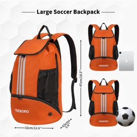 YEEKORO Soccer Backpack Multifunctional Sport Gym Bags Lightweight Soccer Bag with Dry-Wet Separate & Shoe Compartment & Side Mesh Pockets for Football Basketball Volleyball -Orange