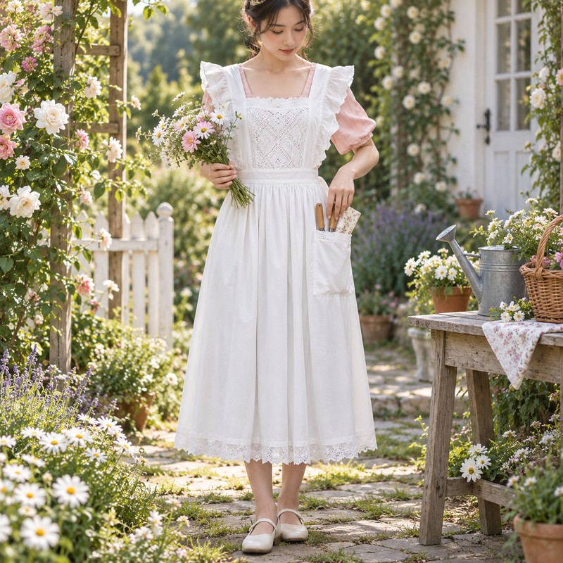 Women's Lace Bib Apron for Cooking – Ruffled Cotton-Polyester Pinafore
