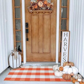 Fall Outdoor Rug Orange Buffalo Plaid Outdoor Rug Cotton Hand-Woven Buffalo Check Rug Layered Doormats for Front Door/Front Porch/Farmhouse/Entryway/Patio