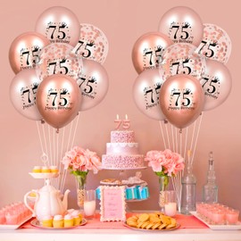 RUMIA 75th Birthday Balloons 18 Pcs Rose Gold Happy 75th Birthday Latex Balloons Confetti Balloons 12 inch