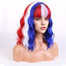WTHCOS Red White Blue Wigs for Women Girls American Flag Wig 4th of July wigs Short Curly Wavy Wigs With Bangs Fourth of July Party Wig（Fourth of July Party Wigs）