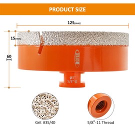 Diamond Core Drill Bit 125mm BGTEC Diamond Hole Saw Tile Cutter 5/8"-11 Thread for Porcelain Tile Ceramic Marble Brick Granite Stone with HEX Shank Adapter