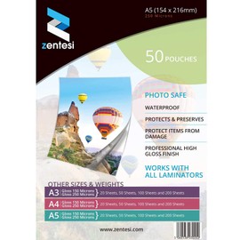 Zentesi A5 Laminating Pouches High Gloss Laminator Sleeves 250 Micron (125 + 125 Microns) Glossy Laminate Pouch Sheets - Pack of 50