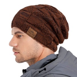 PAGE ONE Mens Winter Slouchy Beanie Warm Fleece Lined Skull Cap Baggy Cable Knit Hat Light Red
