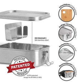 hydro2go® Leak-proof Stainless Steel Lunch Box As An Innovative Set BPA (bisphenol A)-free and plastic-free lunch box with divider, chopping board and natural cotton bag. For children and adults.