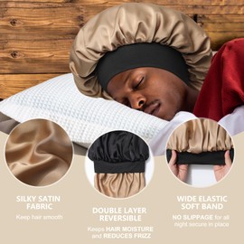 Satin Bonnet for Men Sleeping 2 Layer Silk Hair Bonnets with Wide Band Reversible Nightcap for Unisex Sleep Cap Hair Wrap (Black/Champagne)