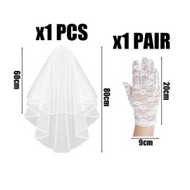 1 White Veil, 1 Pair of White Lace Gloves, Double-Layered Pompadour Veil, Bridal Veil, Edged Ribbon Veil, Hair Comb Veil, Wedding Accessories