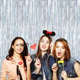 BTSD-home Holographic Silver Laser Foil Fringe Curtain, Metallic Photo Booth Tinsel Backdrop Door Curtains for Wedding Birthday Baby Shower Bachelorette Party Decorations(4 Pack, 12ft)