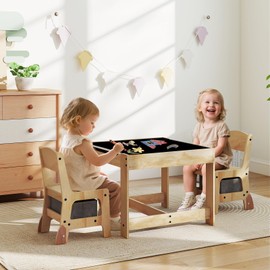 HONEY JOY Kids Table and Chairs, 3-in-1 Children Sturdy Wooden Activity Set w/Storage Drawers, Removable Double-Sided Tabletop, for Art, Craft, Drawing, Reading, Toddler Table and Chair Set (Gray)