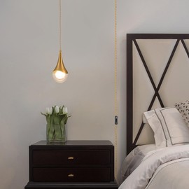 MWZ Gold Plug in Pendant Light,Hanging Lights with Plug in Cord On/Off Switch, Mini Brass Pendant Lights for Kitchen Island,Modern Raindrop Lamps Fixture with Globe Glass Shade for Bedroom