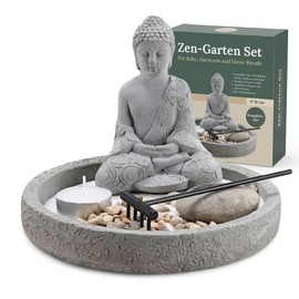 MIJOMA Buddha Figurine on Cement Plate with Tea Light Holder, Rake, Decorative Stones & Sand - Zen Garden Set - Spiritual Decoration for Inner Peace & Harmony (Round, Diameter 18 cm)