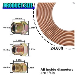 ZIMISI 1/4" 25 Ft Flexible Brake Line Tubing Kit, Copper Coated Brake Line Tube Coil Roll with 16 Inverted Flare Fittings, Fuel Transmission Hydraulic Brakes System Replacement Accessories (Gold)