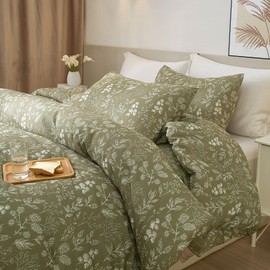 Floral Duvet Cover Twin Size Girl Olive Green Duvet Cover Set with Zipper Closure Soft Cotton Twin Comforter Cover 3 Piece Garden Bedding Set with Boho Leaves Aesthetic Bedding Duvet Cover Set