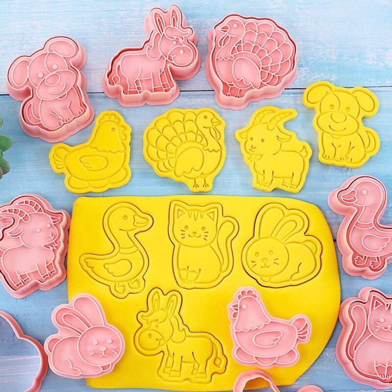 Farm Animal Cookie Cutter Set-8 Plastic Cookie Cutter Stamp- Farm