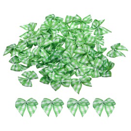 MECCANIXITY 100Pcs Mini Gingham Ribbon Bow 1" Checkered Fabric Satin Ribbon Bows for Craft DIY Hair Bow Sewing Wedding Birthday Party Light Green and White