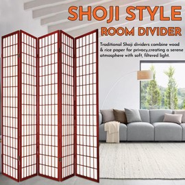 Legacy Decor 5-Panel Shoji Room Divider, Cherry, Real Wood Grid, Translucent Privacy Panels, 87.5″ W × 71″ H, Folding Screen