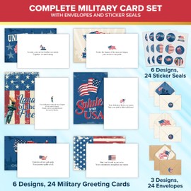 Decorably 24 Pack 6x4in Military Appreciation Cards with Envelopes and Stickers, 6 Designs Memorial Day Cards with Envelopes with a Printed Message Inside - Veterans Day, Appreciation