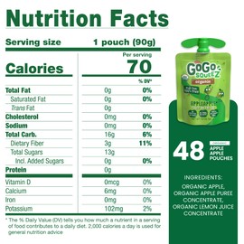 GoGo squeeZ Fruit on the Go Organic, Apple Apple, 3.2 oz (Pack of 48), Unsweetened Organic Fruit Snacks for Kids, Gluten Free, Nut Free and Dairy Free, Recloseable Cap, BPA Free Pouches