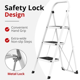 HBTower Step Ladder Folding Step Stool Step Ladder, Step Stool for Adults with Anti-Slip Pedal,330 lbs Capacity Step Stool for Kitchen, Home,White