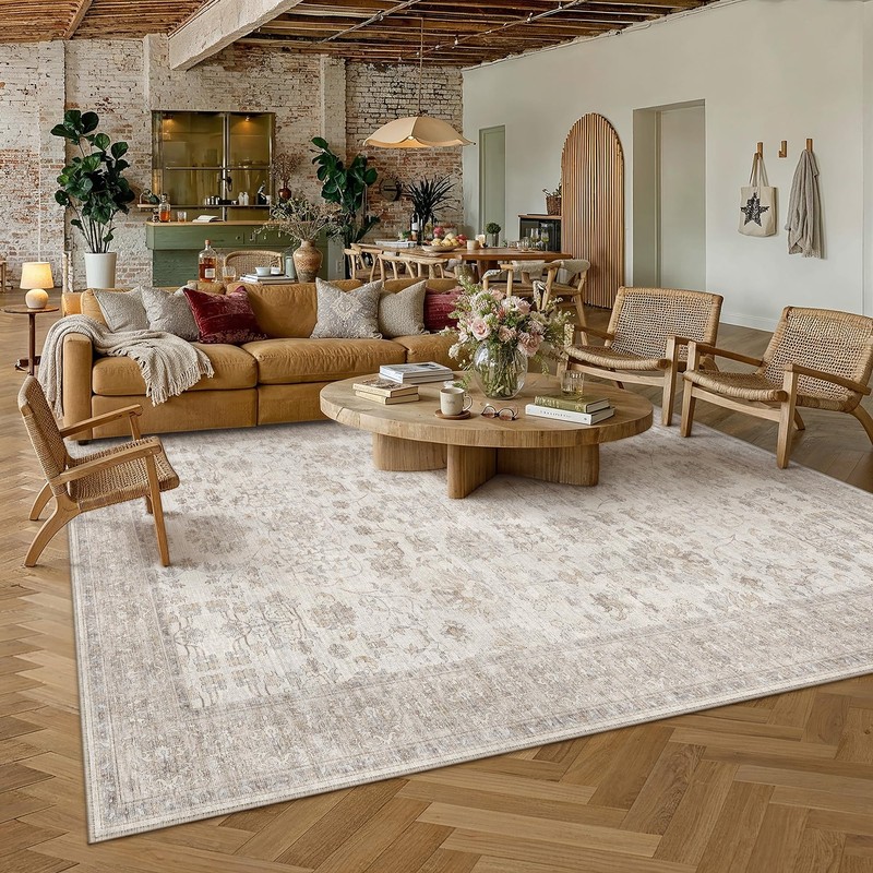 PureCozy 8x10 Living Room Area Rug Beige Washable Vintage Floral