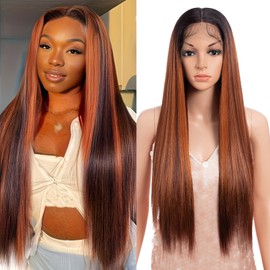 Style Icon Long Straight Wig 13x7 Synthetic Lace Front Wig 26 inch Cooper Red Highlight HD Lace Frontal Glueless Wig Pre Plucked with Baby Hair Free Part Reddish Brown