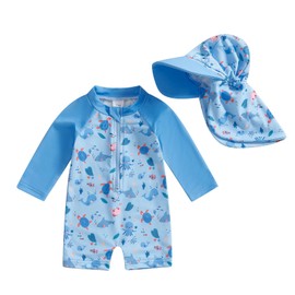KMBANGI Toddler Baby Boy Mallard Swimsuit Kids Rash Guard Long Sleeve One Piece Bathing Suit Duck Hunting Swimwear with Hat (Sea Turtle Swimsuit, 3-6 Months)
