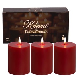 KONNI Red Pillar Candles Set of 3, 3"x 4" Unscented Pillar Candles Bulk, 39 Hours Long Burning Candles, Smokeless&Dripless Large Round Candle for Wedding, Home Decoration, Parties, Spas, Dinner