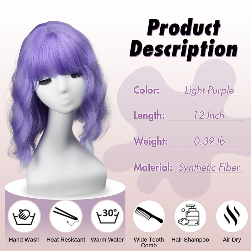 Short Wig with Bangs, Short Wavy Bob Wig for Cosplay