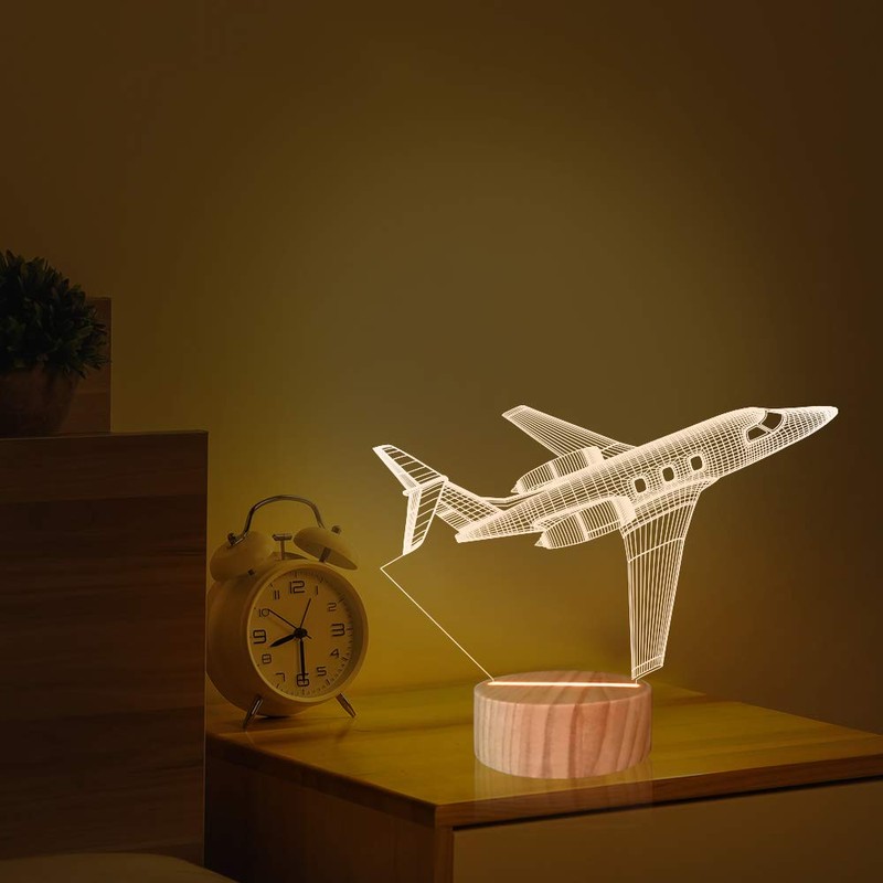 Airplane Night Light 3D Illusion Lamp,Soft Warm Colors Wood Table