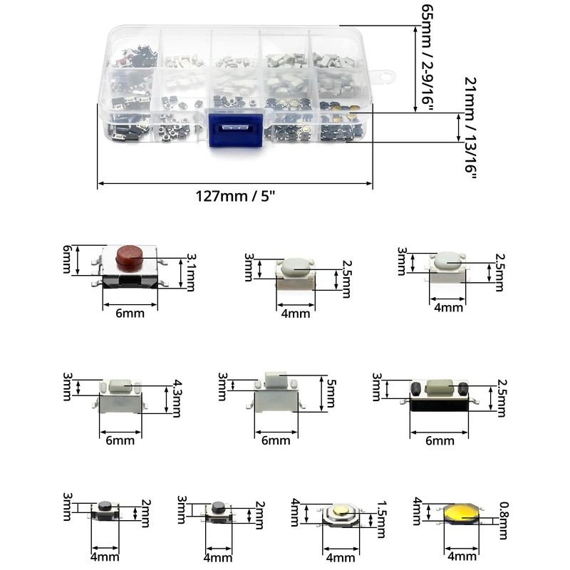 QWORK® Pack of 250 Micro Switches, 10 Values, Tactile Pressure