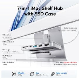 PULWTOP USB C Hub with NVMe SATA SSD Enclosure for iMac 24 inch M1/M3/M4 & Studio Display 2, iMac Accessories for iMac 2021/2023/2024, iMac Hub with USB A/C 10Gbps, 2 x USB A 2.0, SD/TF - Silver
