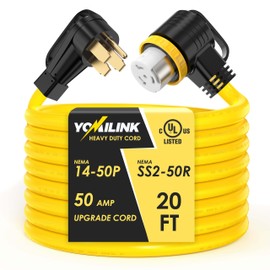 YOMILINK 20 Feet 50 Amp RV/Generator Cord, UL Listed, Locking Connector, NEMA 14-50P to SS2-50R Twist Locking, Newly Designed 90°Grip Handle, 6/3+8/1 Gauge STW Wire