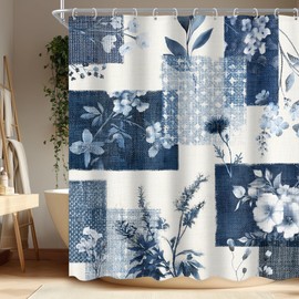 Ufeela Blue Abstract Floral Printed Shower Curtain 60Wx72L Inch Navy Blue Grey Vintage Boho Flower Rustic Plant Botanical Pretty Bathroom Set Girly Women Bath Curtain Bathtub Accessories Home Decor