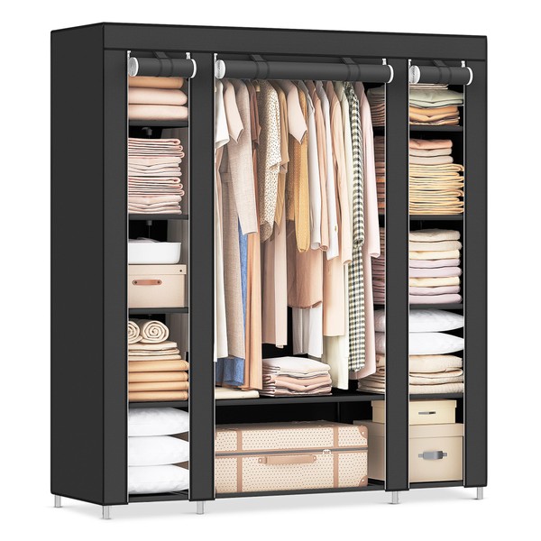 SONGMICS Closet Wardrobe, Portable Closet for Bedroom, Clothes Rail with Non-Woven Fabric Cover, Clothes Storage Organizer, 59 x 17.7 x 69 Inches, 12 Compartments, Black ULSF03H